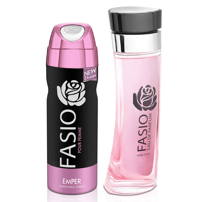 Fasio Pour Femme Gift Set ✨ 100ml + Free Deo | Fruity Floral Elegance with Warm Vanilla & Amber