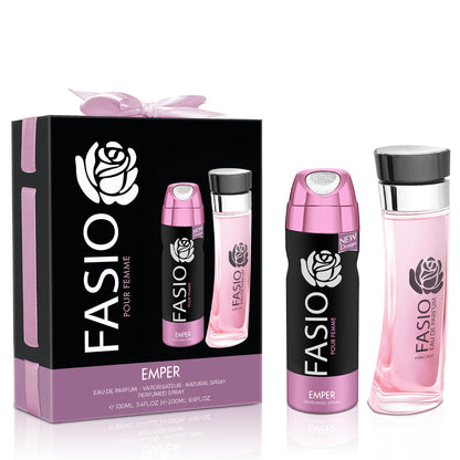 Fasio Pour Femme Gift Set ✨ 100ml + Free Deo | Fruity Floral Elegance with Warm Vanilla & Amber