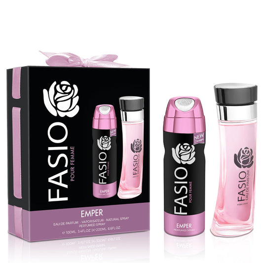 Fasio Pour Femme Gift Set ✨ 100ml + Free Deo | Fruity Floral Elegance with Warm Vanilla & Amber