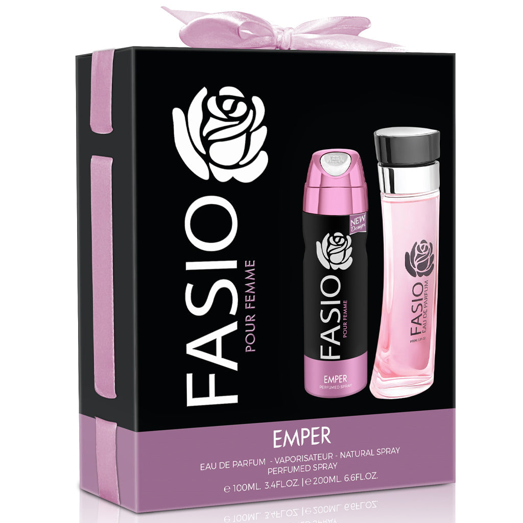 Fasio Pour Femme Gift Set ✨ 100ml + Free Deo | Fruity Floral Elegance with Warm Vanilla & Amber